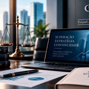 Recuperação judicial e Direito Empresarial com balança da Justiça, documentos e plano de recuperação