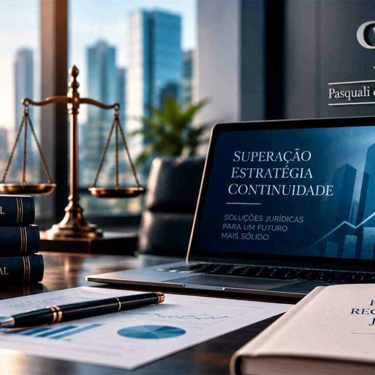 Recuperação judicial e Direito Empresarial com balança da Justiça, documentos e plano de recuperação
