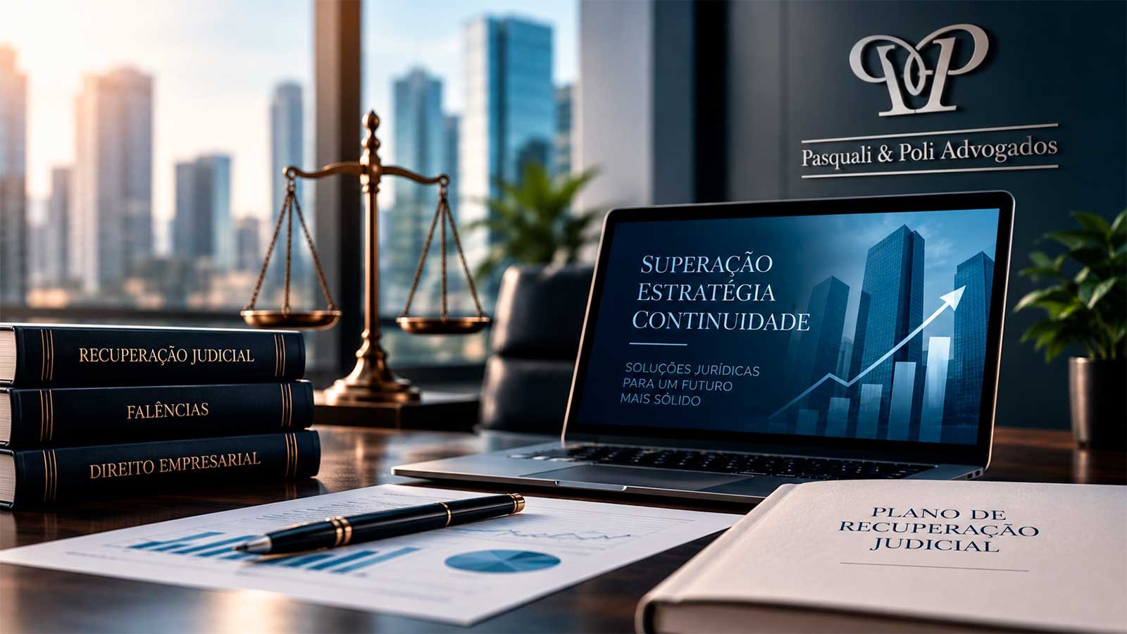 Recuperação judicial e Direito Empresarial com balança da Justiça, documentos e plano de recuperação